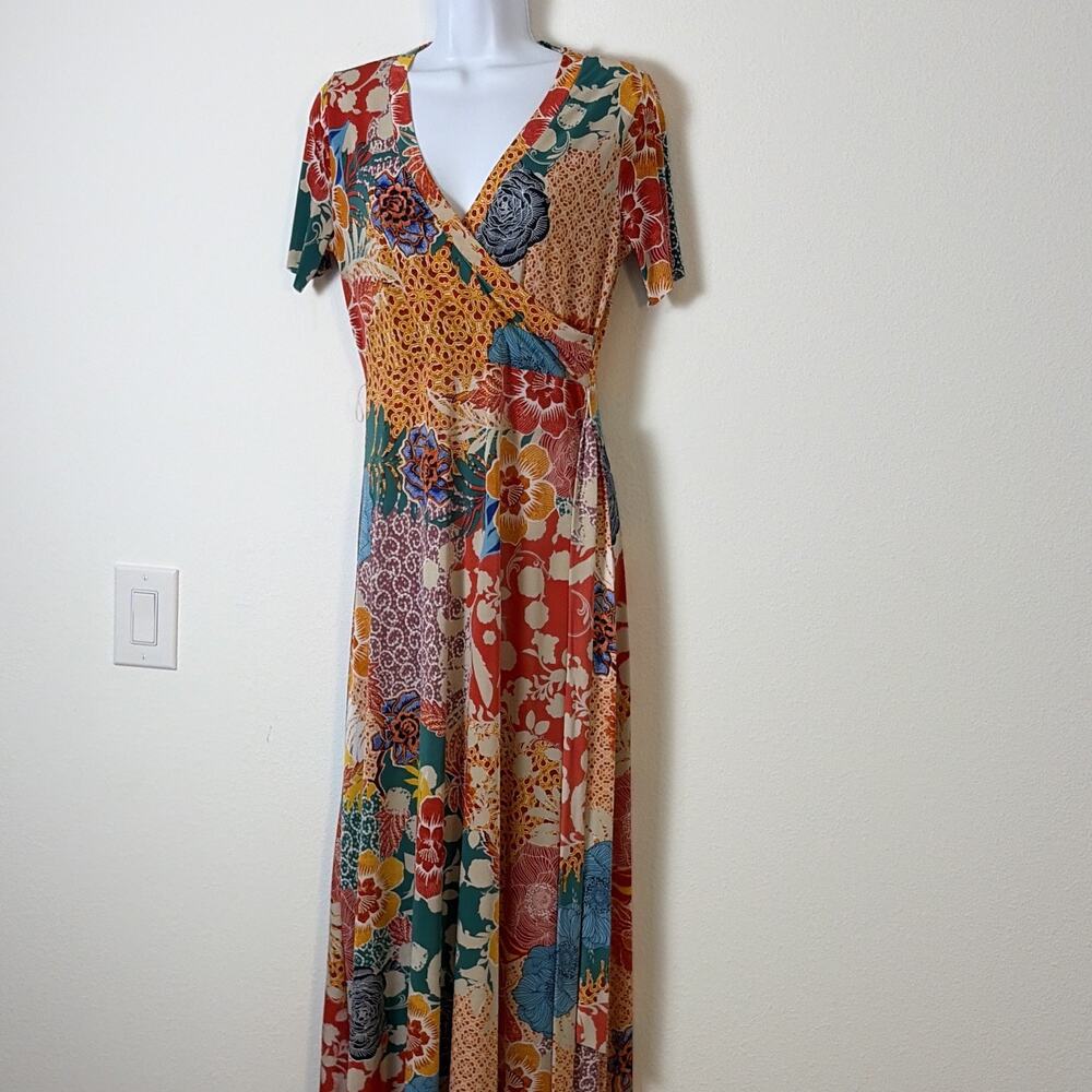 mille gabrielle Multicolor Floral Wrap Maxi Dress V-Neck Short Sleeve Size S